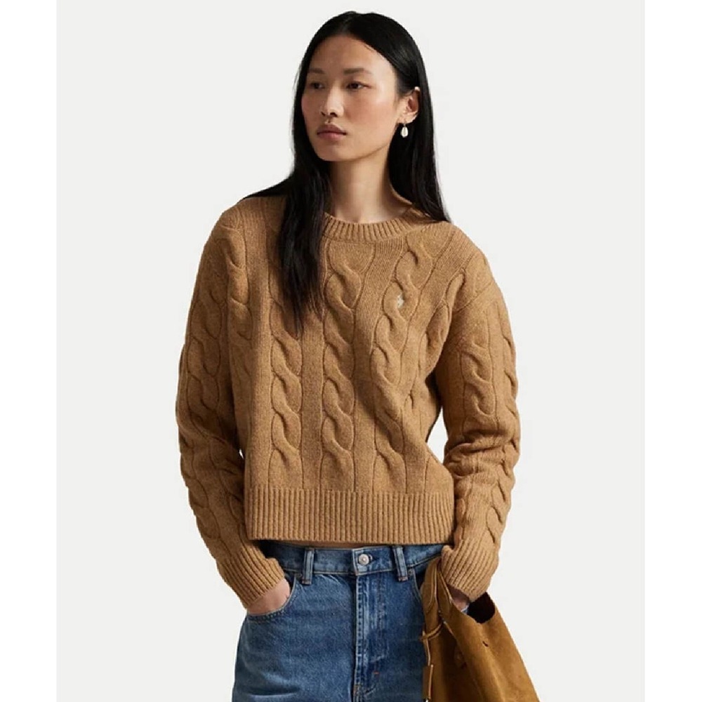 Polo Ralph Lauren Cable-Knit Wool-Cashmere Sweater Cropped Mock Neck Size M